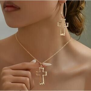 NEW - Set of 3 Gold Cross Necklace Earrings Set, Faith